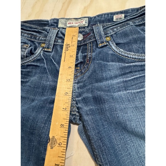MEK Denim Jaipur Bootcut Jeans Womens 26x34 Dark Wash Distressed Y2K Embroidered - Picture 4 of 16